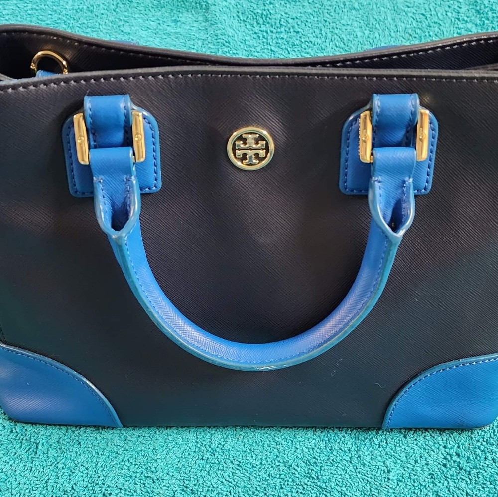 Tory Burch Robinson Saffiano Leather Colorblock Mini Square Tote Satchel